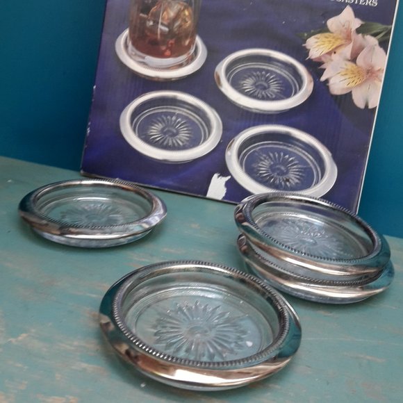 Glass Silver Plated Coasters Vintage Coaster Set Crystal Starburst New in Box - Picture 5 of 16